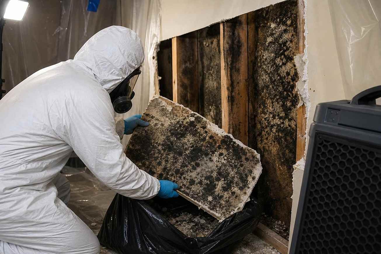 Removing black mold from framing during attic mold removal in a Dallas TX home