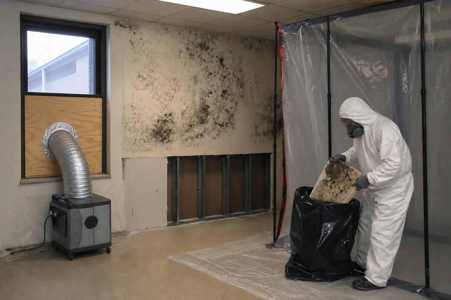 Technician removing mold-damaged drywall during commercial mold remediation in Dallas TX
