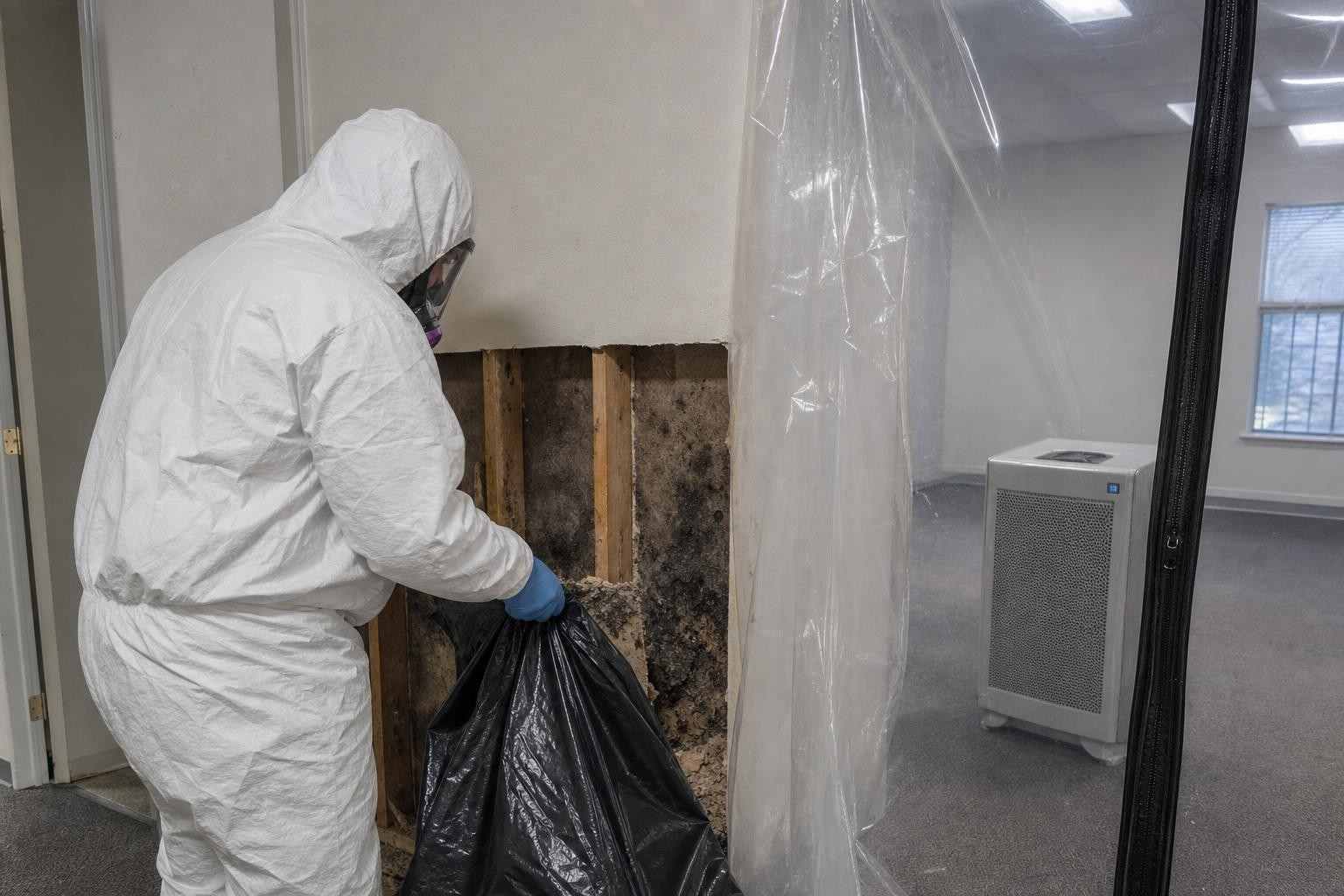 Commercial mold remediation crew in containment removing mold from a Dallas TX office building