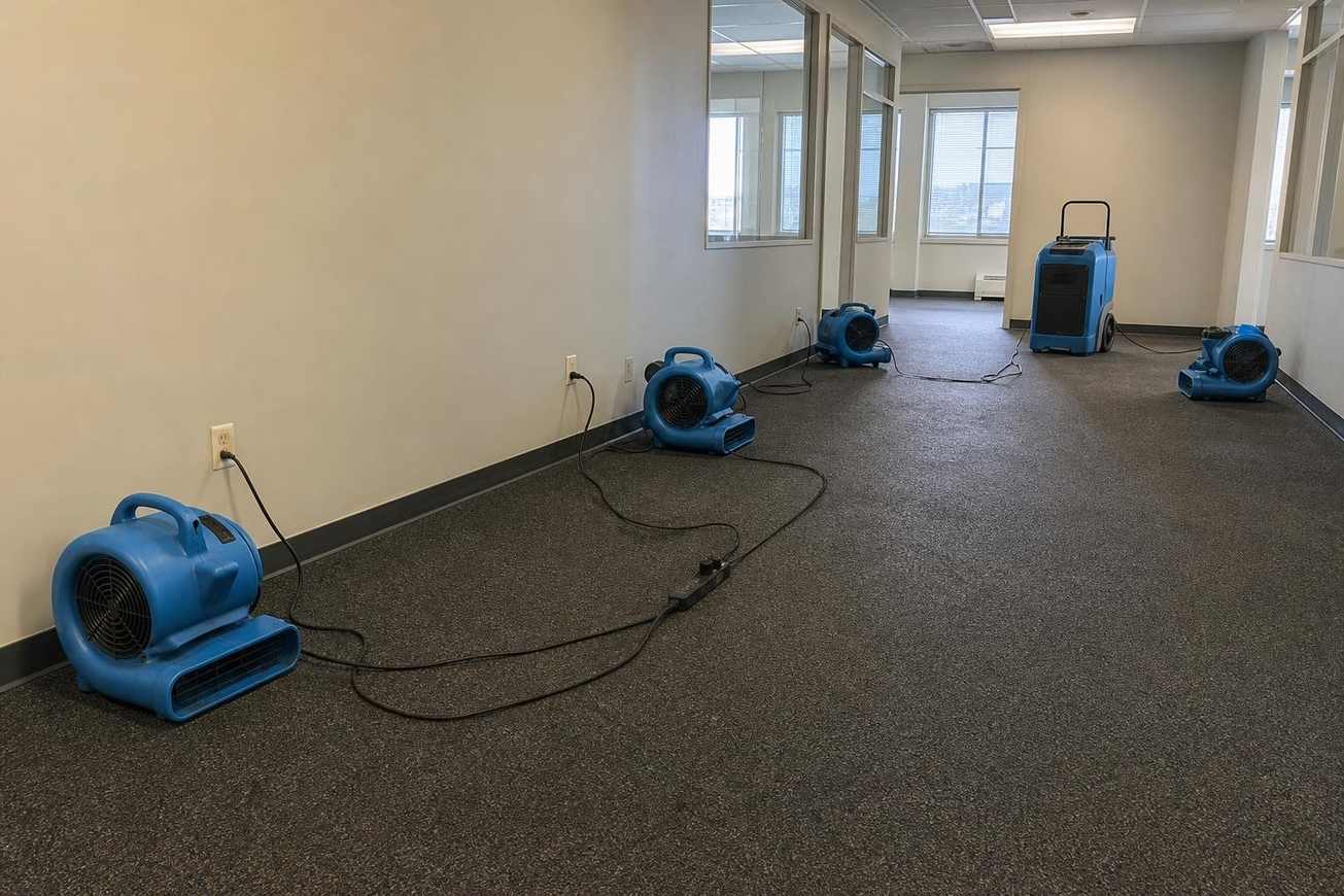 Air movers drying a commercial building after water damage in Dallas TX