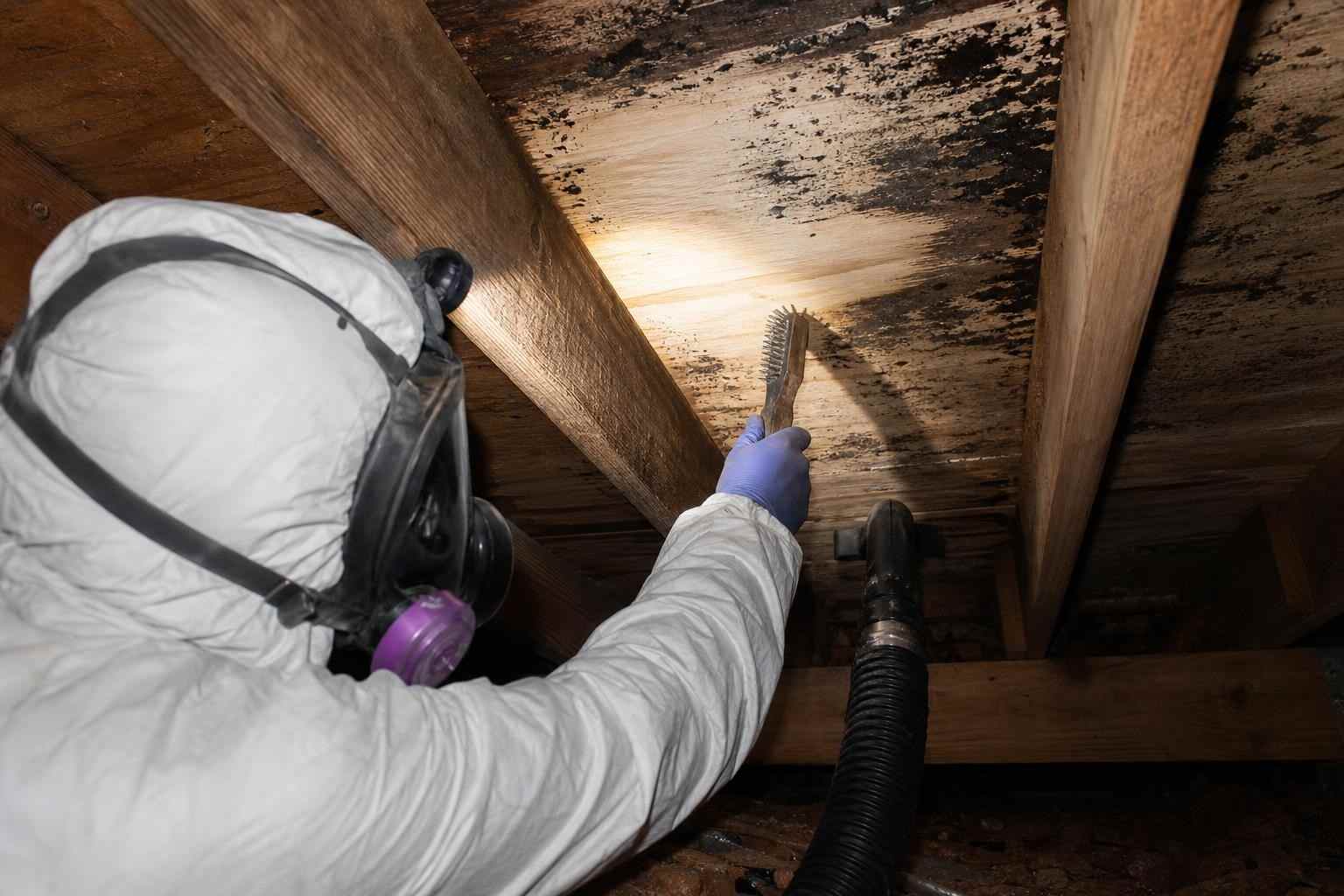 Technician removing mold from crawl space floor joists in a Dallas TX home