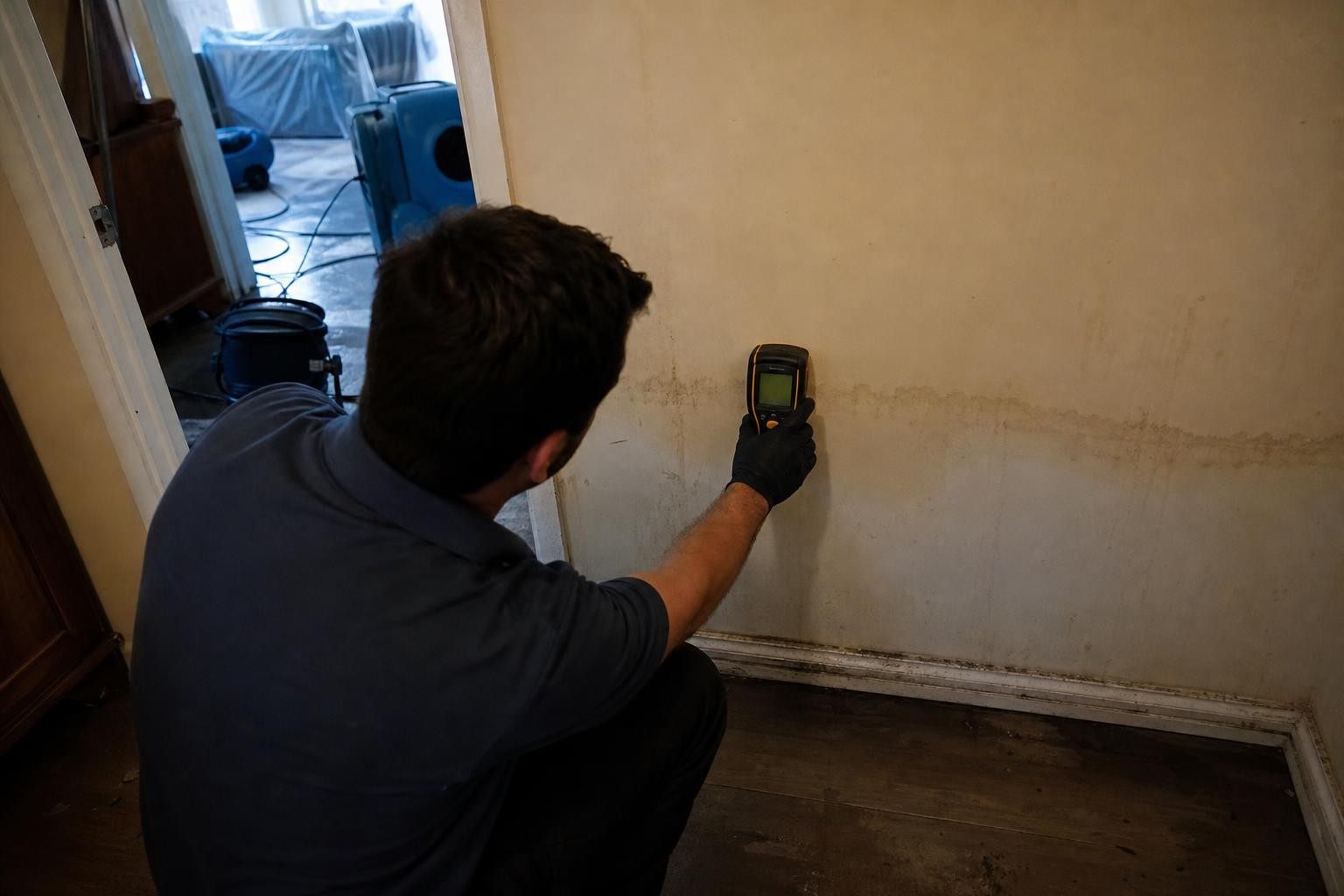Technician checking moisture in a wall during emergency water damage response in Dallas TX