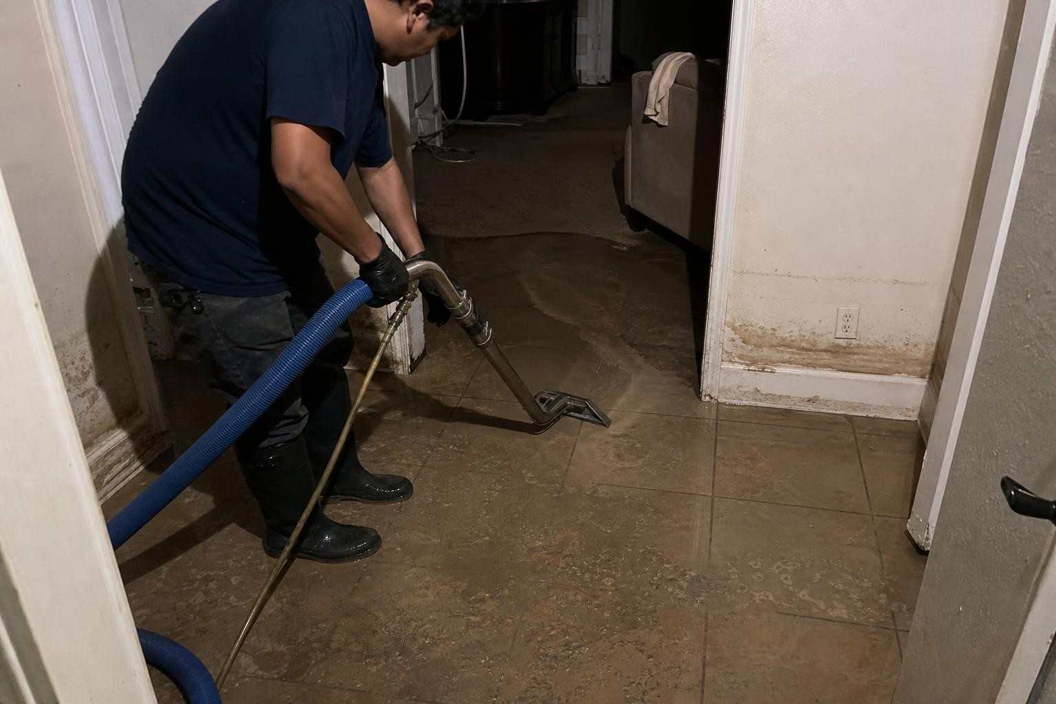 Emergency water removal crew responding at night to a flooded Dallas TX home