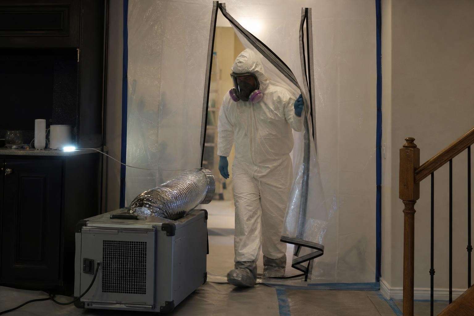 Containment barrier and HEPA air scrubber set up for mold remediation in a Dallas TX home