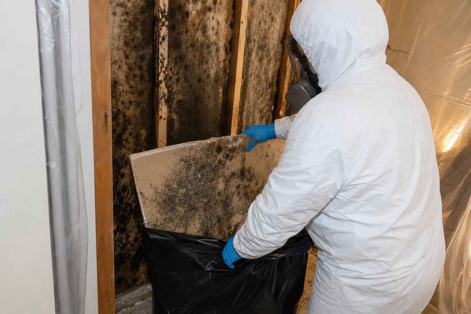 Mold remediation technician in protective gear removing black mold from a contained wall in a Dallas TX home