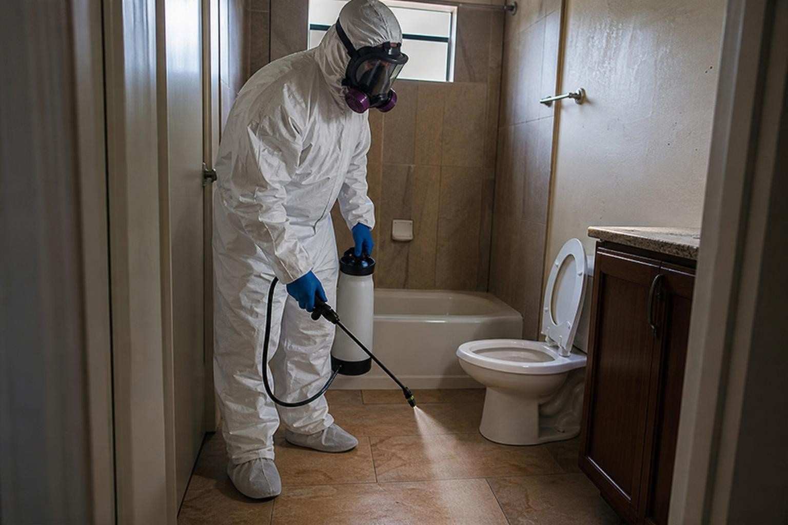 Technician disinfecting a bathroom floor after sewage cleanup in a Dallas TX home