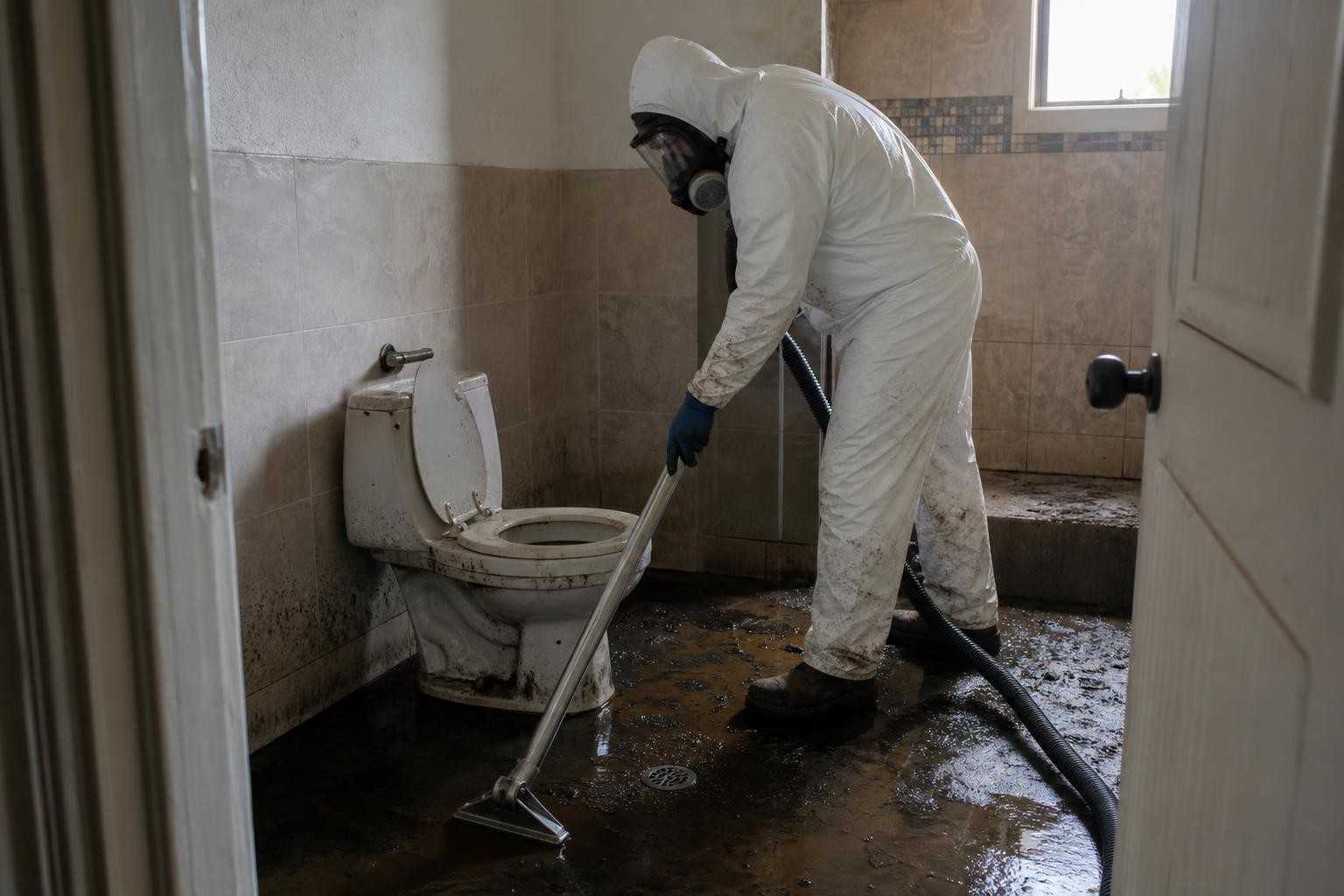 Sewage cleanup technician in protective gear extracting contaminated black water from a Dallas TX home