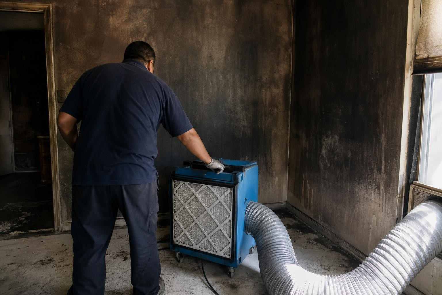 An air scrubber removing smoke odor during soot cleanup in a Dallas TX home