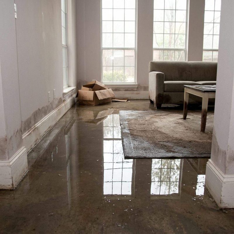 Dallas TX living room flooded with standing water and water-stained walls before water damage restoration