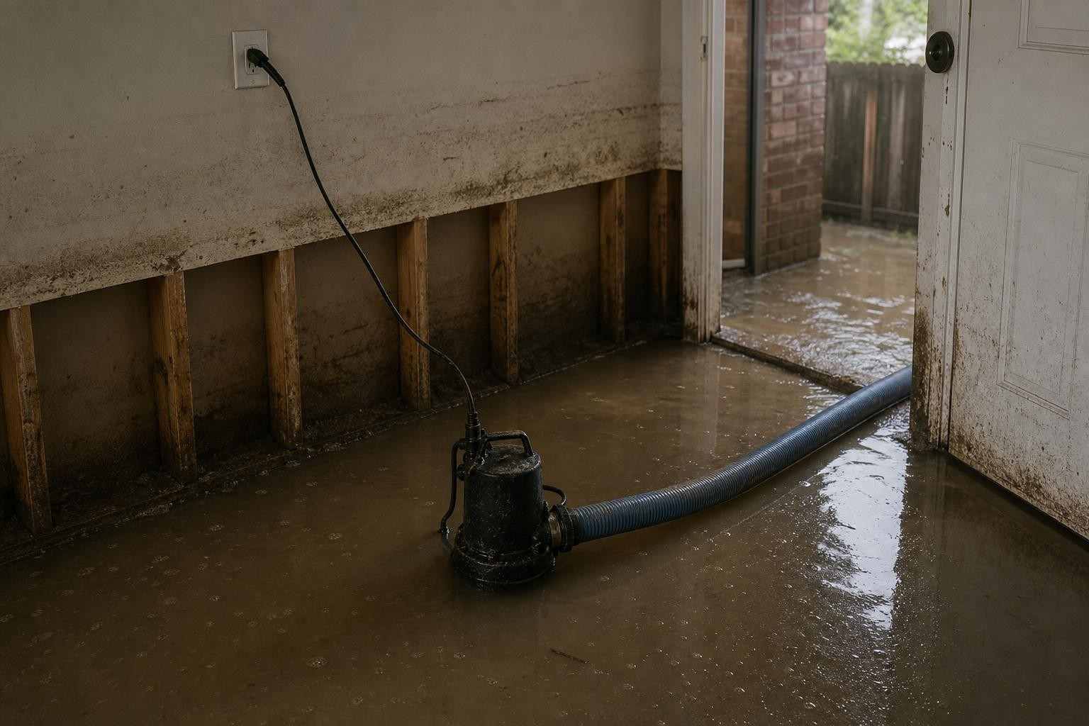 Pump removing standing water from a flooded Rowlett TX home