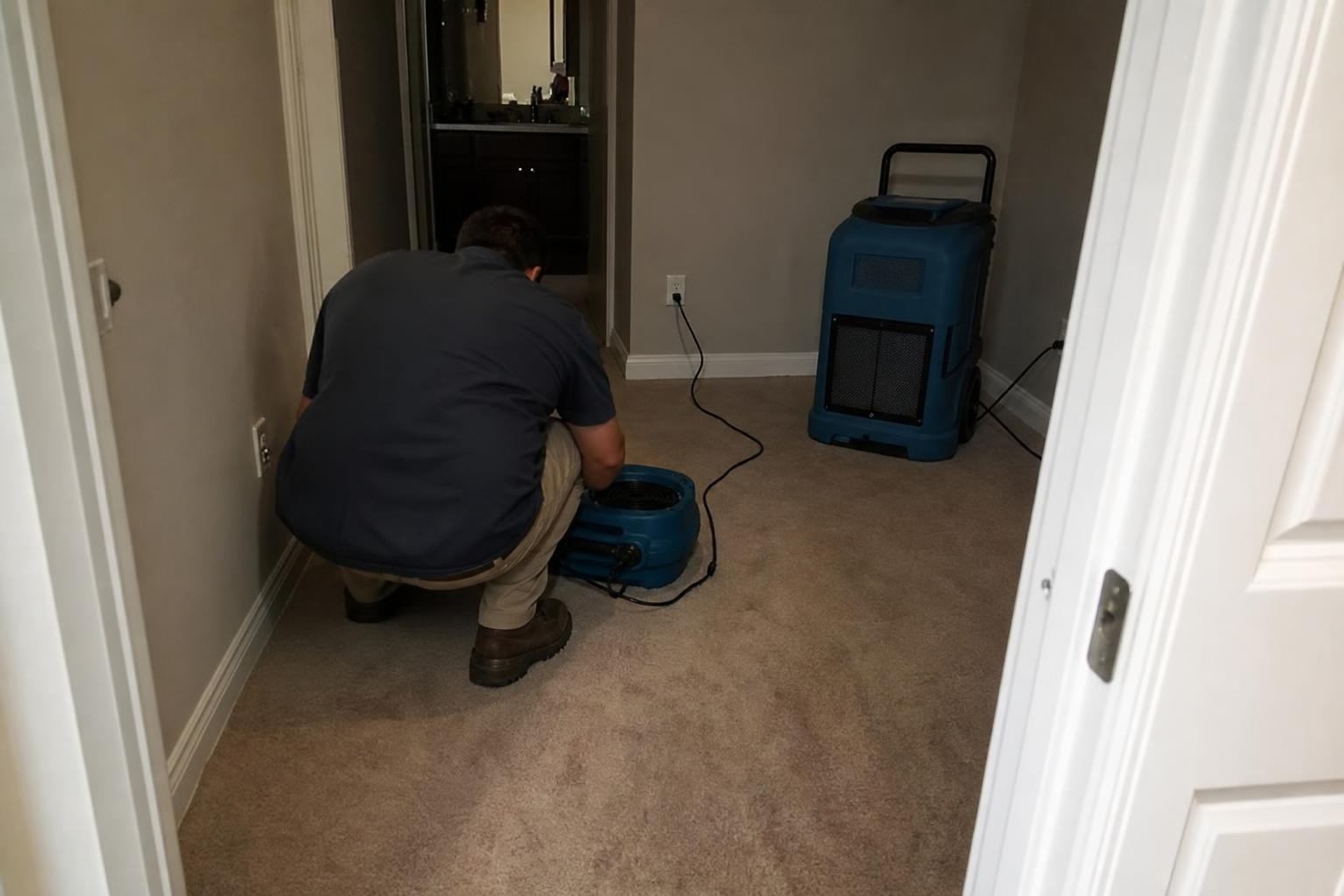 Air movers and a dehumidifier drying a Dallas TX home after water extraction