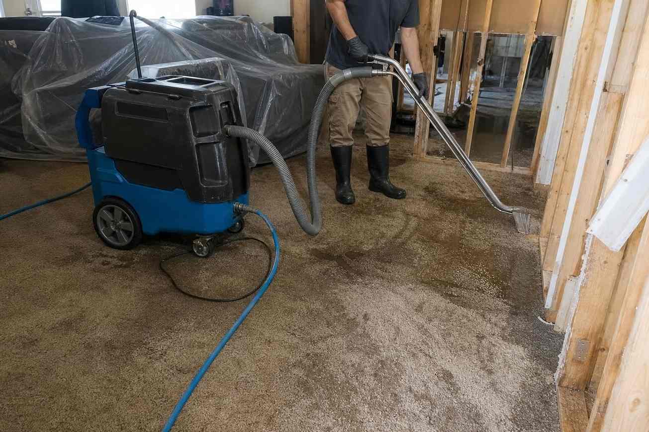 Water damage technician using a portable extractor to remove standing water from a flooded Dallas TX home